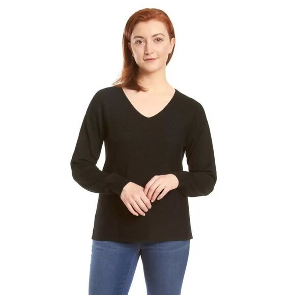 Ella Moss Women's Ribbed V-Neck Sweater Long Sleeves Black Size M NEW WITH TAGS - Picture 1 of 10